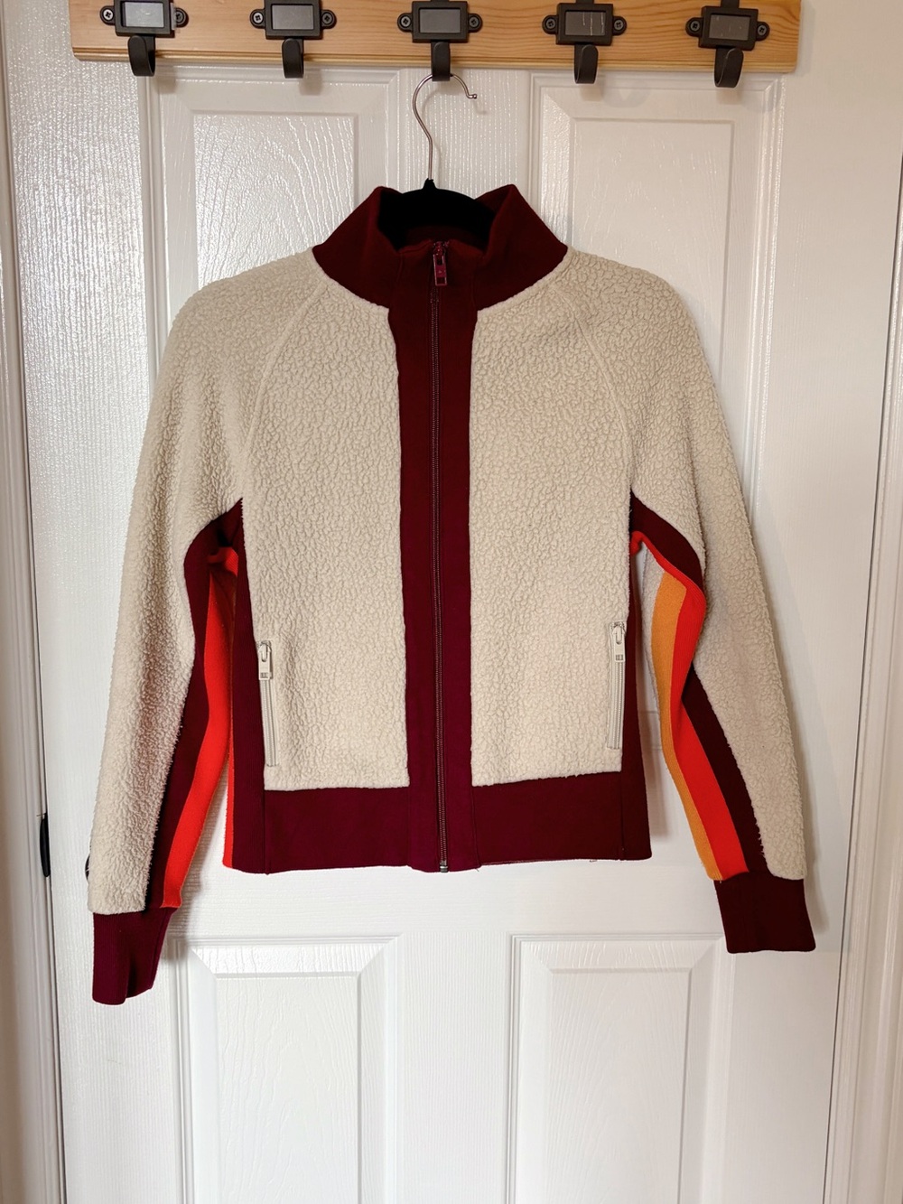 Aritzia Womens Cream Sherpa Jacket with Burgundy & Orange Stripe Accents